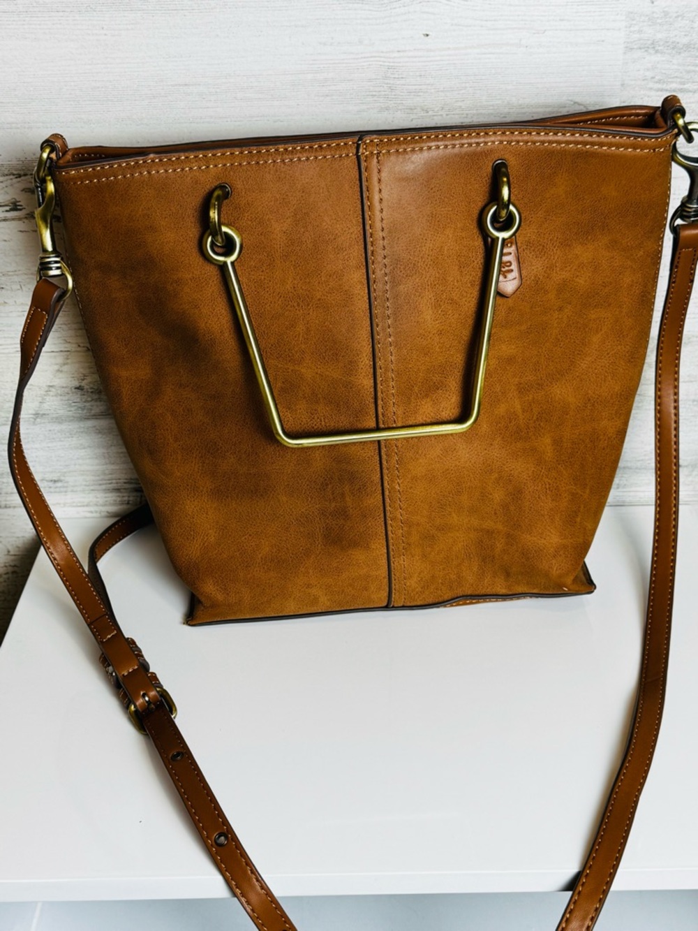 Elle Jae Gypset Brown Faux Leather Tote w/ Gold Bar Handles with Crossbody Strap - Picture 2 of 15